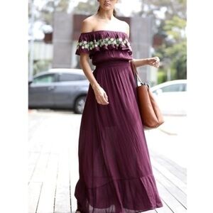Purple Maxi Dress Garden Party Embroidered On Off Shoulder Dress